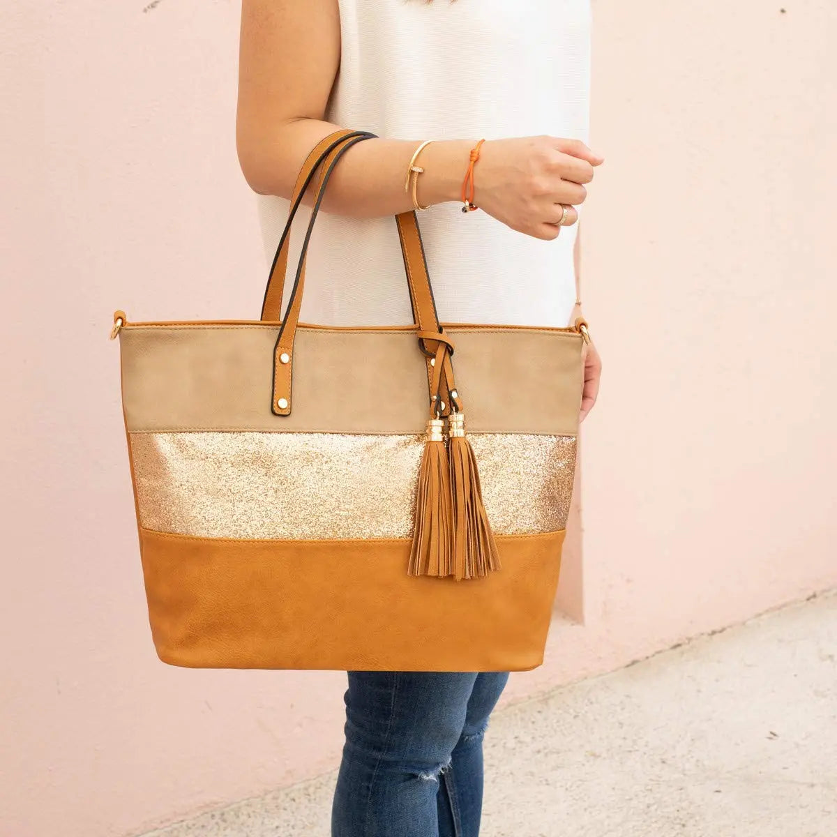 Sac à main cabas tricolore pailleté pompon CRAZYCHIC
