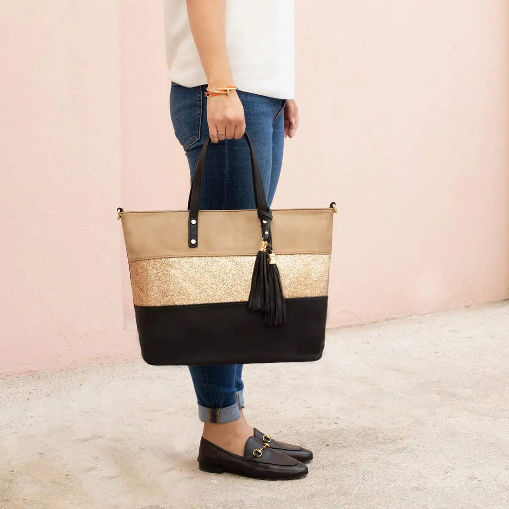 Sac à main cabas tricolore pailleté pompon CRAZYCHIC