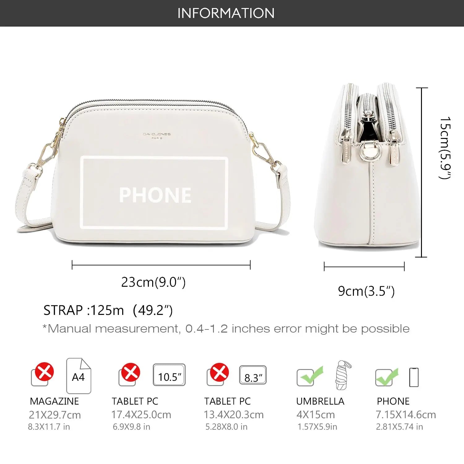 Petit sac bandoulière 3 zip poches David Jones