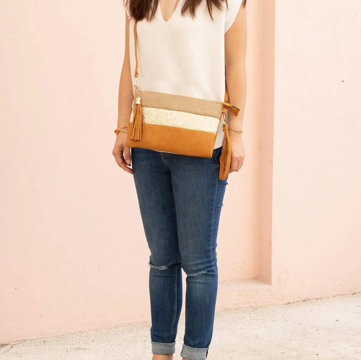 Sac bandoulière souple pailletté tricolore pompon CRAZYCHIC