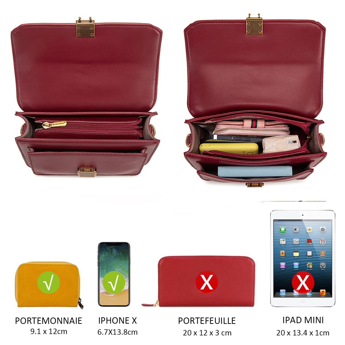 Petit sac bandoulière rabat David Jones