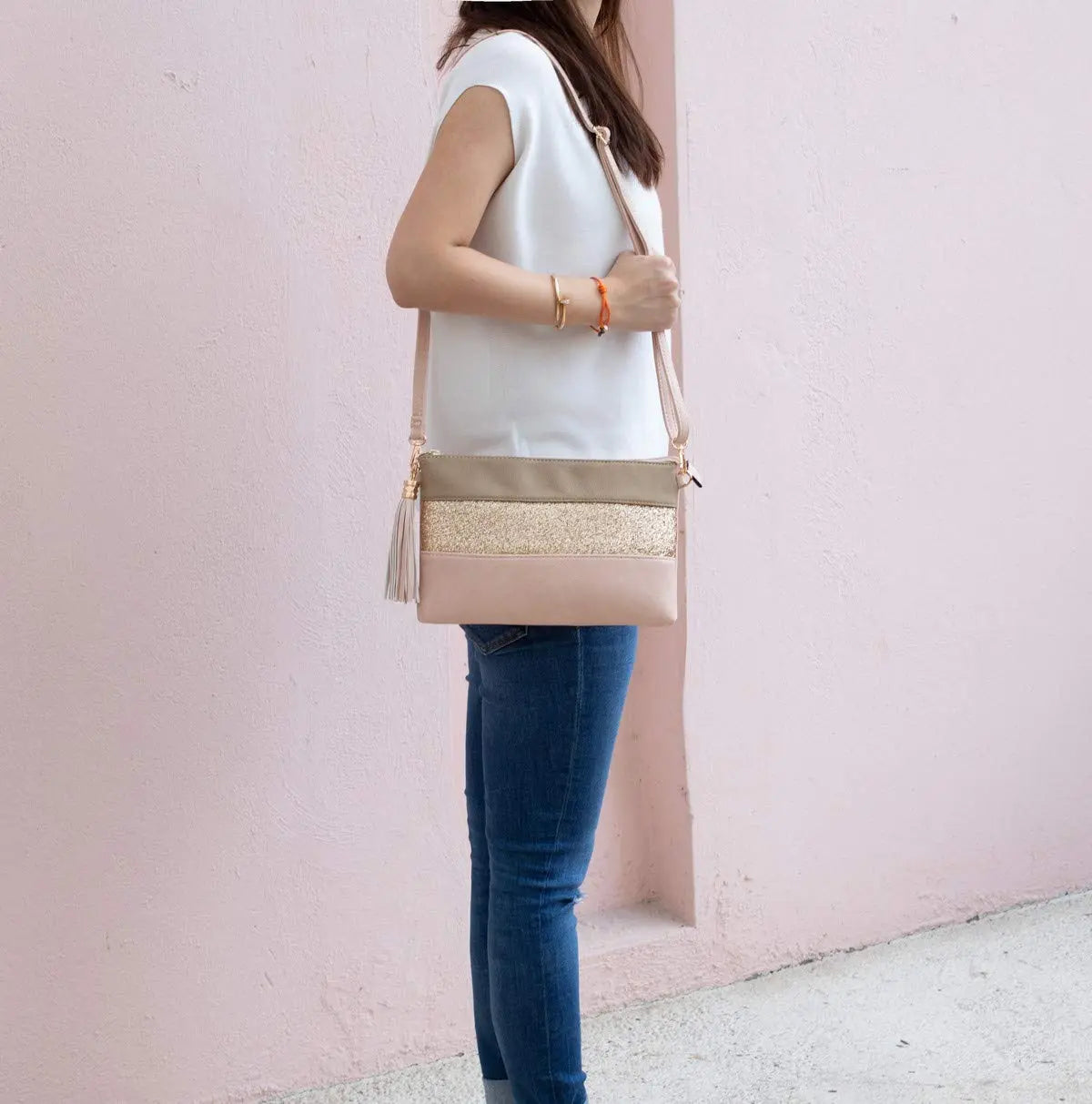 Sac bandoulière souple pailletté tricolore pompon CRAZYCHIC