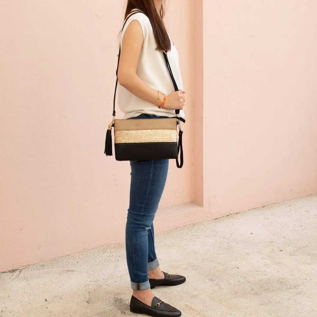 Sac bandoulière souple pailletté tricolore pompon CRAZYCHIC