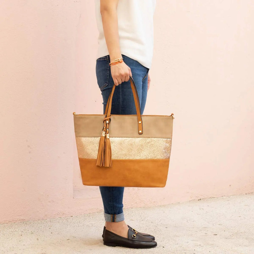 Sac à main cabas tricolore pailleté pompon CRAZYCHIC