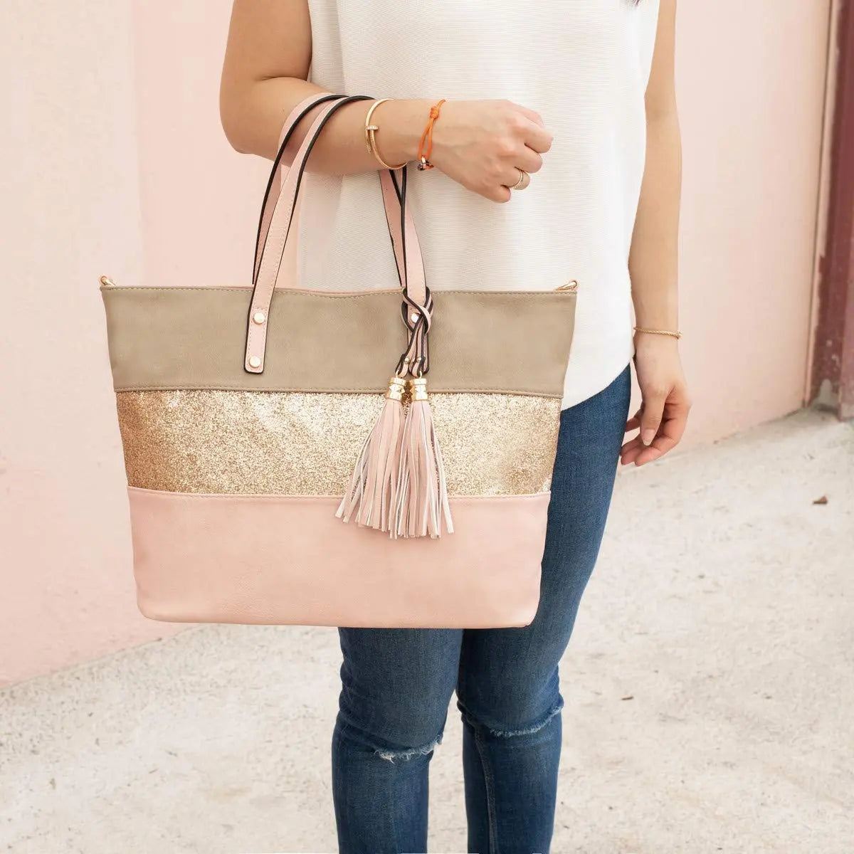 Sac à main cabas tricolore pailleté pompon CRAZYCHIC