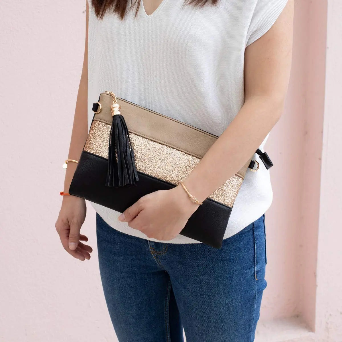 Sac bandoulière souple pailletté tricolore pompon CRAZYCHIC